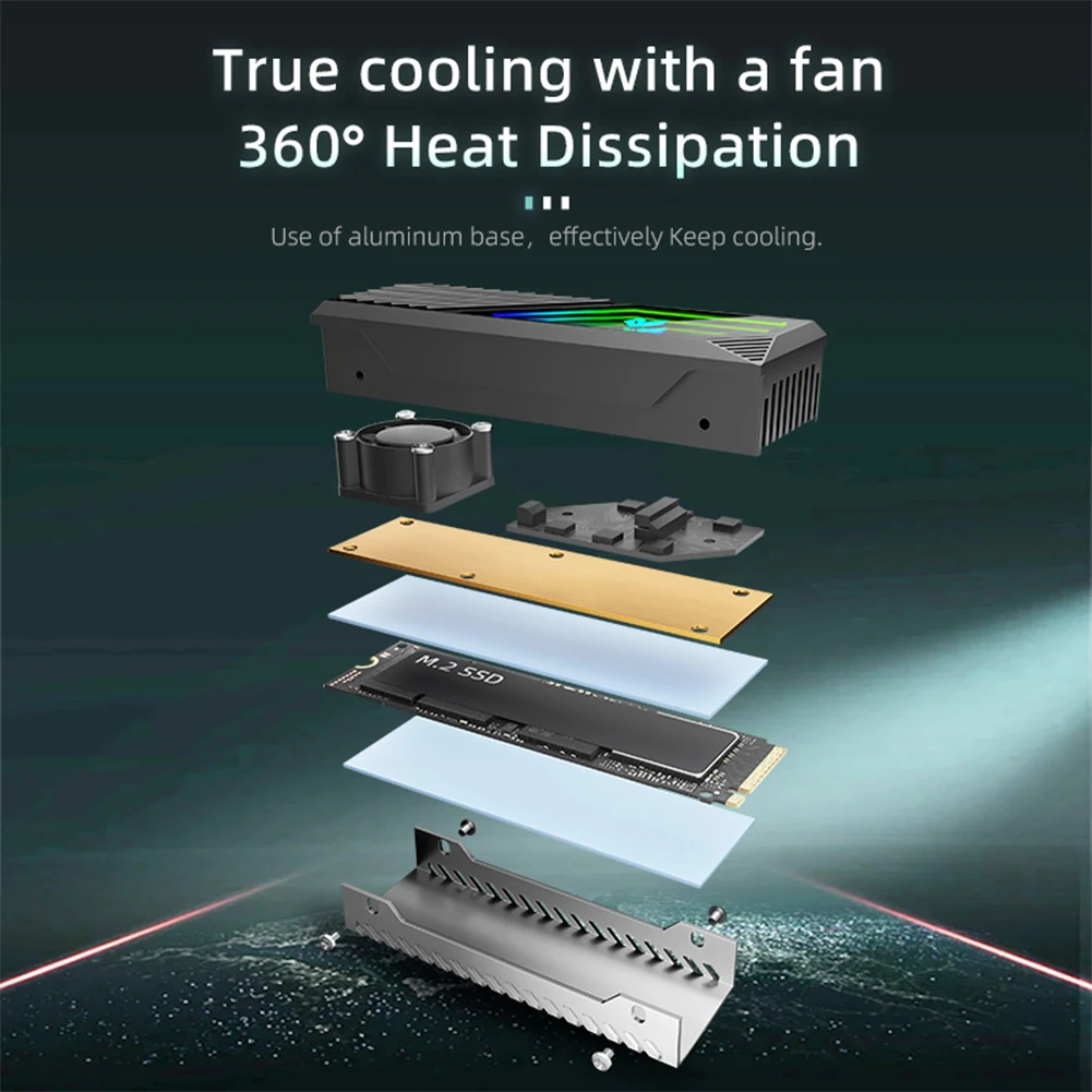 M.2 2280 SSD ฮีทซิงค์ SSD หม้อน้ําอลูมิเนียมพร้อมซิลิโคนความร้อน Pad 5V 3 Pin ARGB SSD Cooler พัดลมในตัวสําหรับ M.2 2280