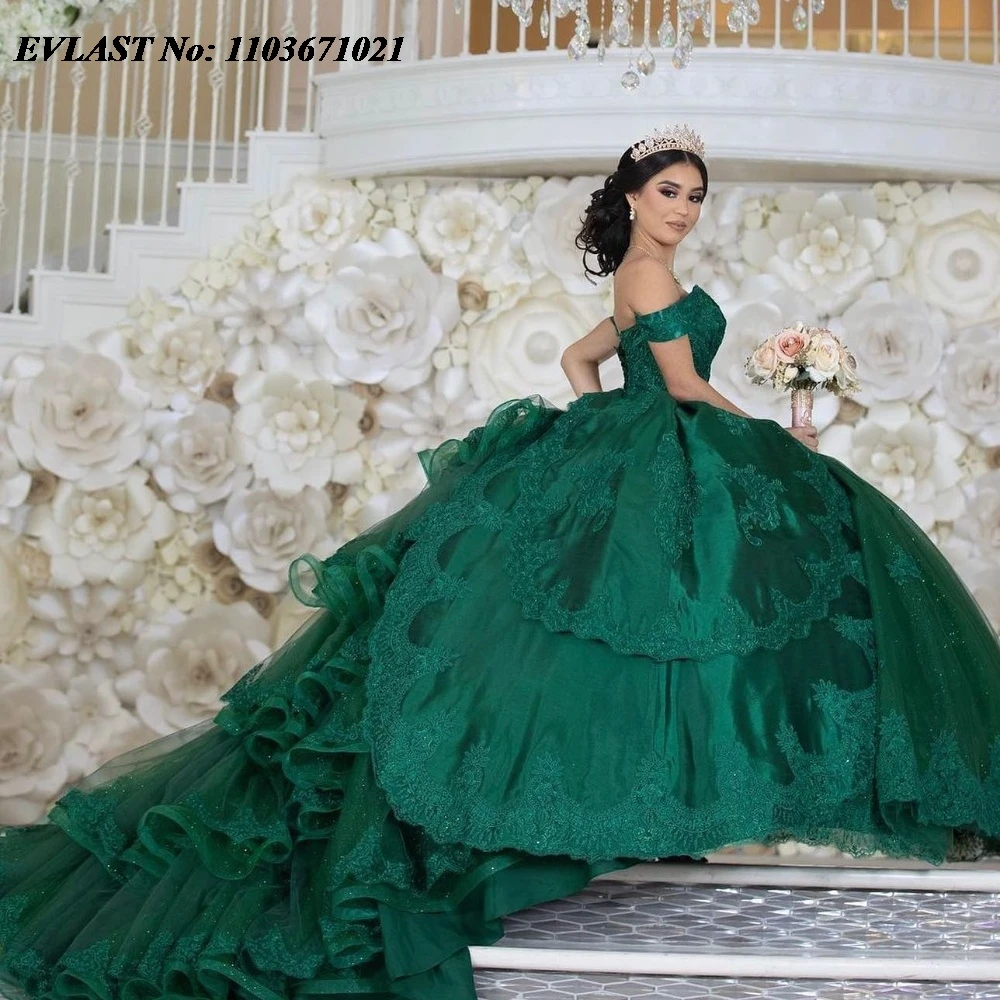 EVLAST Customized Dark Green Quinceanera Dress Ball Gown Lace Applique Beaded Tiered Corset Sweet 16 Vestidos De 15 Anos SQ709