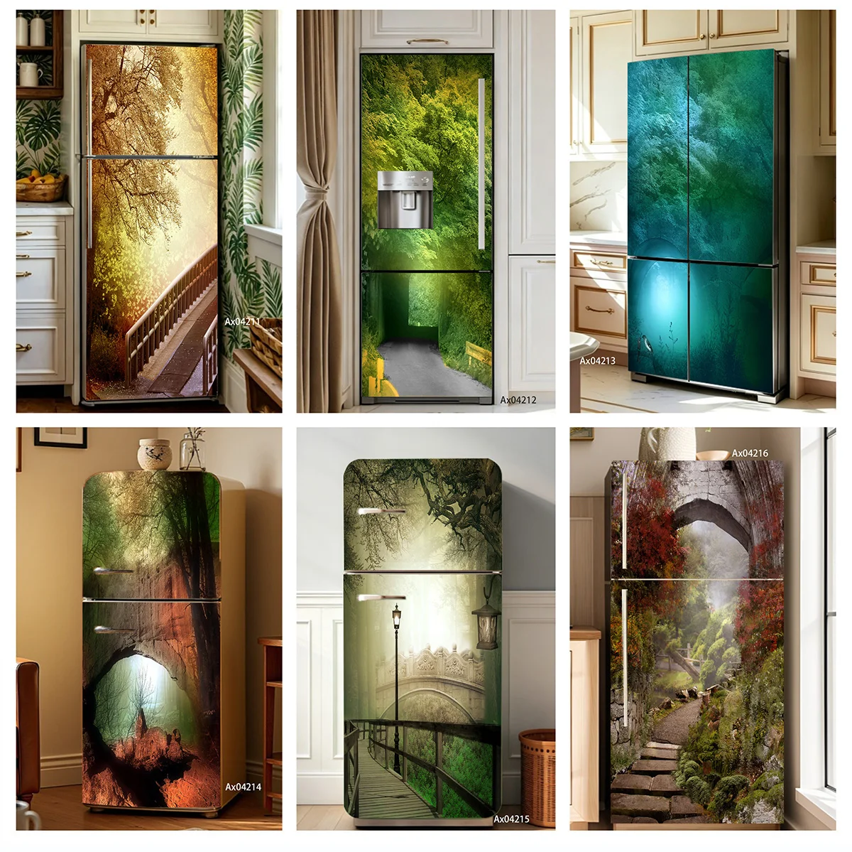 Misty Forest Bridge Trail Fridge Wardrobe Stickers for Art Mural Self-adhesive Wallpaper Kitchen Refrigerator Door Wrap Sticker