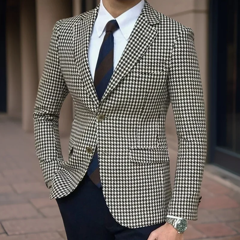 Houndstooth Suit Jacket for Men Wedding Tuxedo Blazer 1 Piece American Style Notch Style Check Plaid Fashion Suit 2024