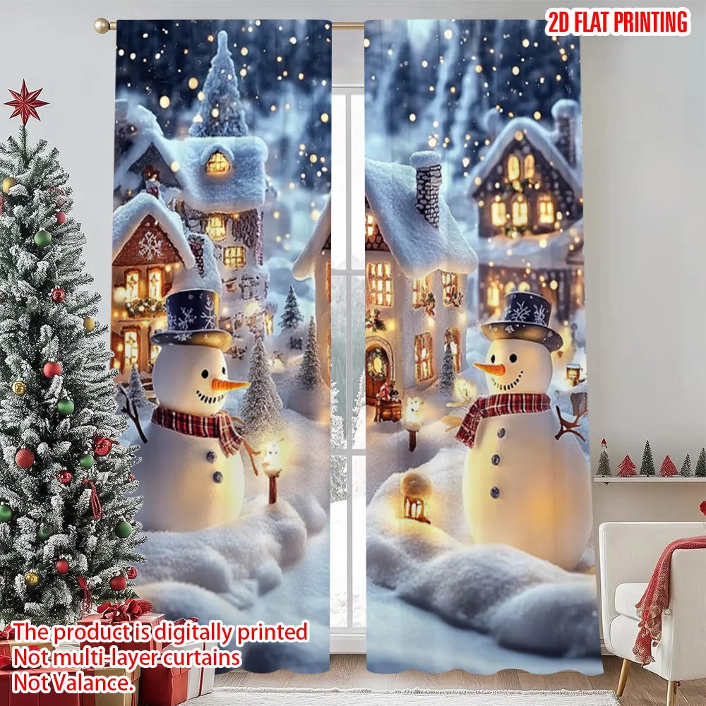 

2pcs 2D flat printing Merry Christmas Popular Party Window Curtains Winter Wonderland Snowman Scene Versatile Polyester Fabric