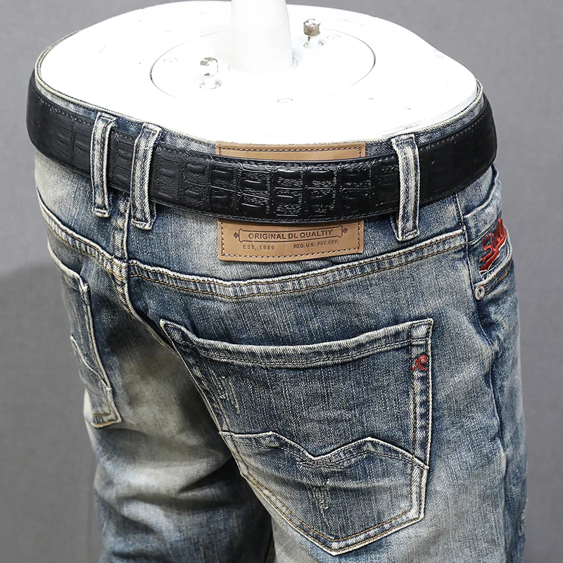 Fashion Vintage Men Jeans High Quality Retro Washed Blue Stretch Slim Fit Ripped Jeans Men Embroidery Designer Denim Pants Homme