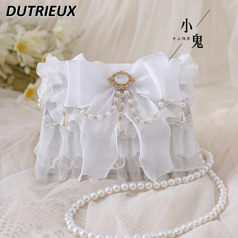 Fairy Lolita Gentle Elegant Handbags Sweet Cute Girls Bags Versatile Original White Lace Bow Pearl Chain Messenger Bag