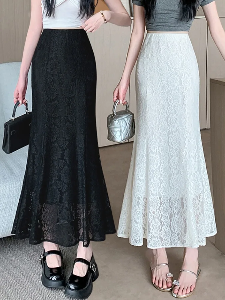 

Новая женская юбка-русалка с высокой талией и кружевными вставками, корейский стиль, для весны и лета, стройнящая, для офиса