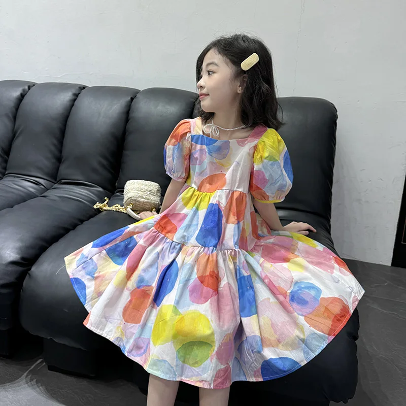 

2024 new summer girls bubble sleeve floral dress sweet foreign girl shopping party Joker fashion sun print princess dress