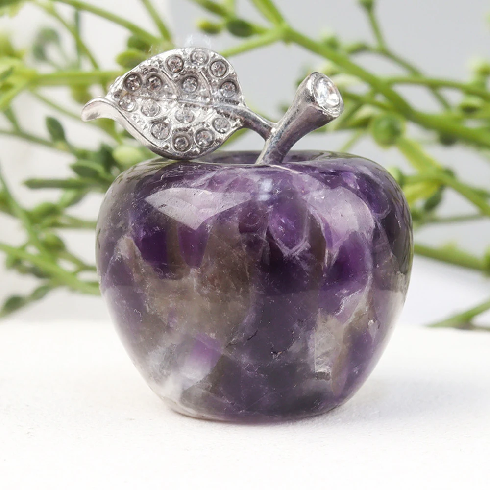 RX58 30mm Natural Stone Apple Figurine, Crystal Jade Fruit Ornament for Christmas Gift, Home Desk Decoration