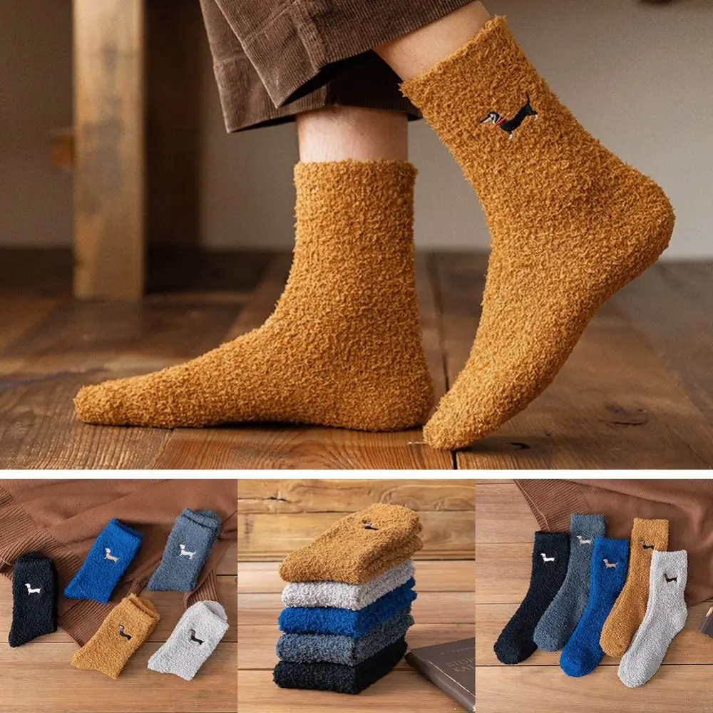 1 Pair Dachshund Dog Thicken Winter Warm Fluffy Mid Socks Men Socks Soft Coral Velvet Socks Indoor Floor Towel Socks Breathable