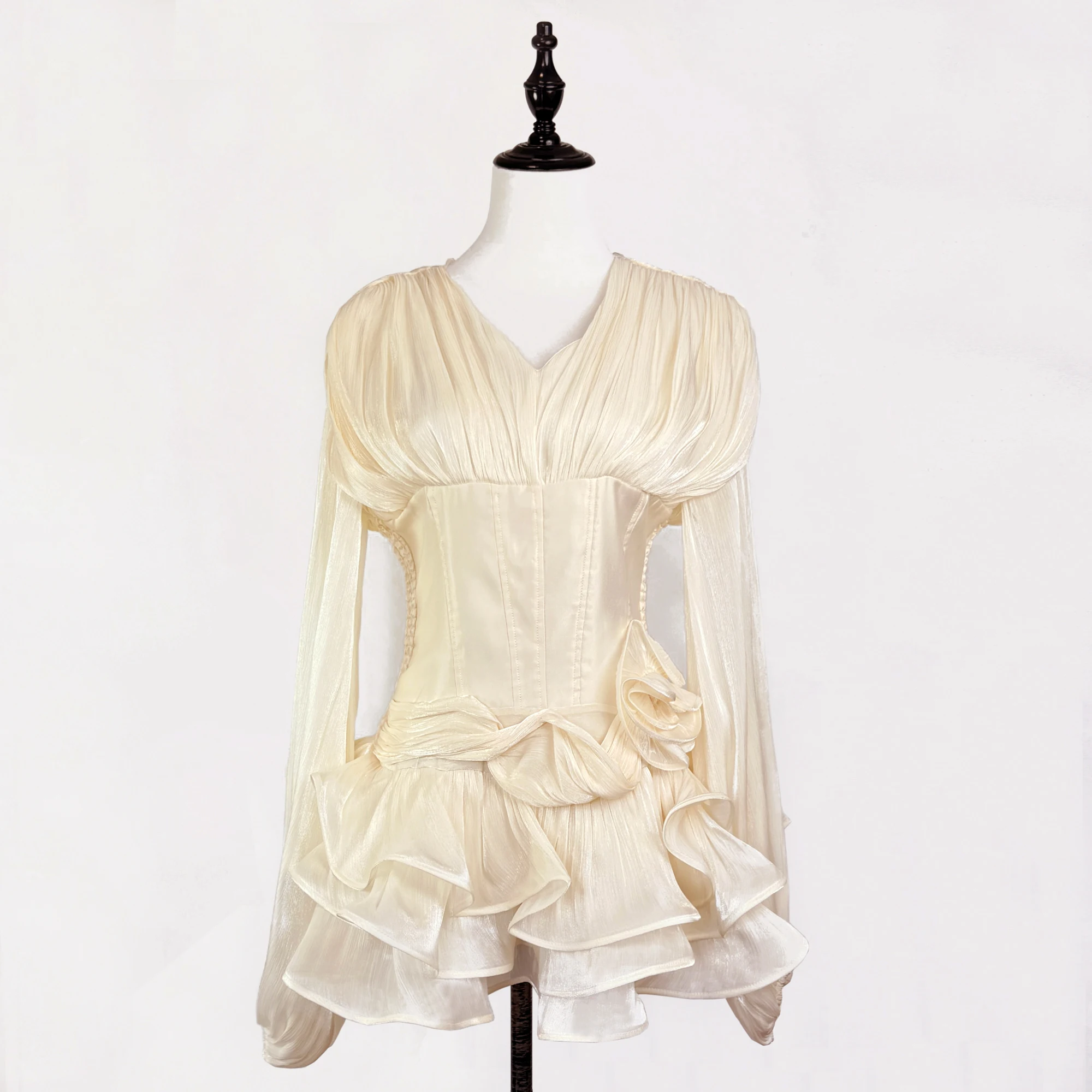 Luxury Satin Solid Slimming Ball Gown Dress for Women's V-Neck Long Sleeve Patchwork 3D Flower Zipper Mini Dress Female Clothes