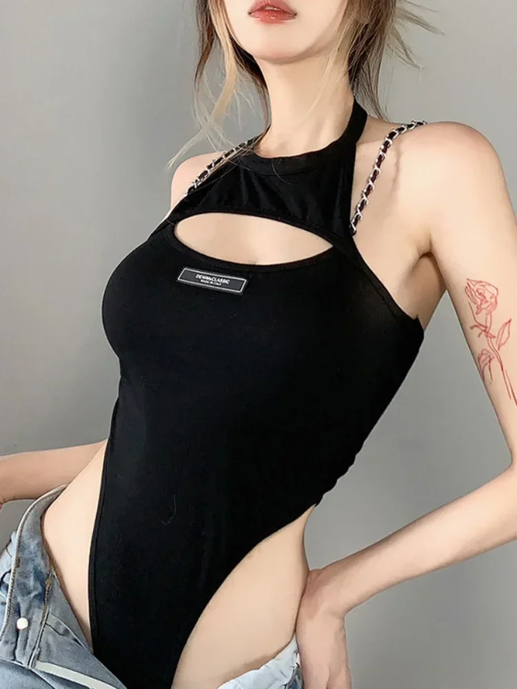 

Neck Mounted Bodysuit Lingerie Sexy Tops Women Hollow Out Body Feminino Off Shoulder Lenceria Femenina Black Bustier Chain Strap