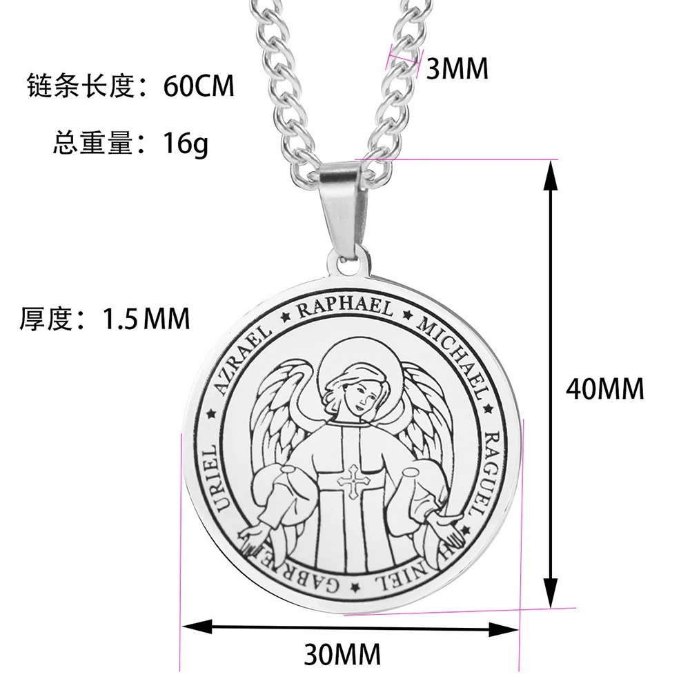 Cottvott Religious Azrael Gabriel Raphael Uriel Michael Archangel Angel Wing Medal Stainless Steel Pendant Necklace Jewelry