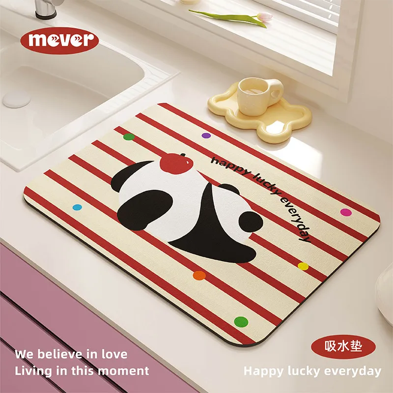 VIKAMA panda print lying panda absorbent dish mat red stripe vintage cute kitchen countertop absorbent anti-slip waterproof mat