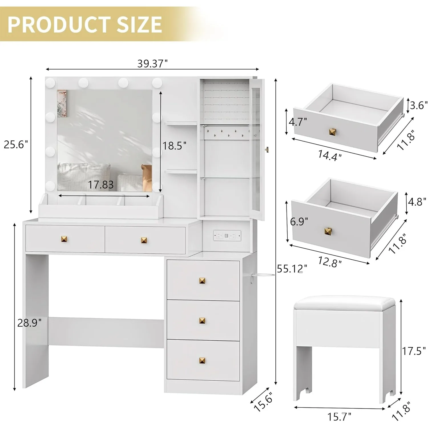 مكتب فانيتي مع مرآة وأضواء، طقم طاولة مكياج مع 5 أدراج تخزين، مخرج طاقة وكرسي، أبيض