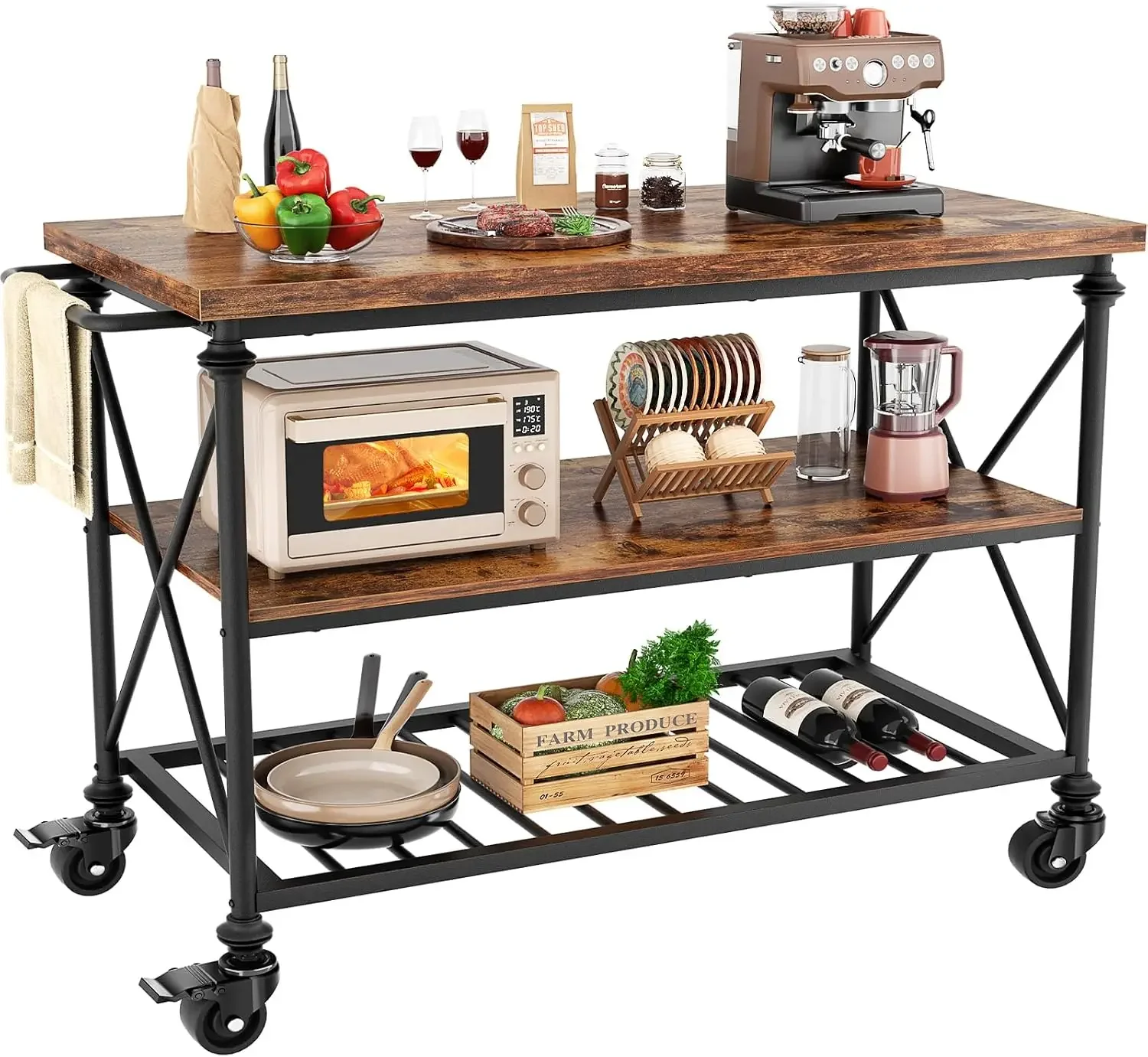 Kitchen Island Cart with Wheels, 3-Tier Wood and Metal Rolling Kitchen Island Table with Pipe Legs, Storage Shelves & Lockable