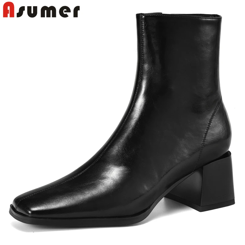 

ASUMER Big Size 34-43 New Square High Heels Boots Women Square Toe Solid Color Autumn Winter Genuine Leather Ankle Booties