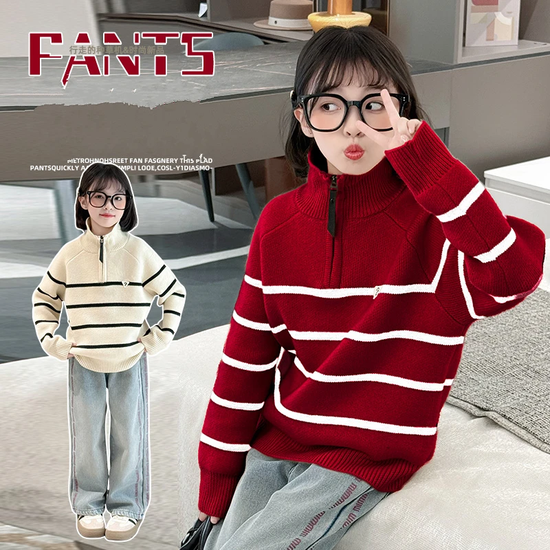 

Kids New Design Striped Polo Sweater with Half Zipper For Teens Girl Turtleneck Knitwear Children Autumn Knitted Pullover Outfit