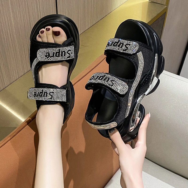 2024 New Summer High Platform Women Sandals Buckle Wedges Bling Shoes Fashion Outside Chunky Sandals Beach Casual Slides Woman