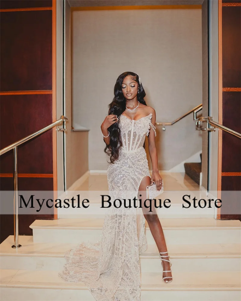 Aso Ebi White Beaded Lace Prom Dress For Black Girls 2025 Crystal Birthday Party Dress High Slit Customized Evening Dresses