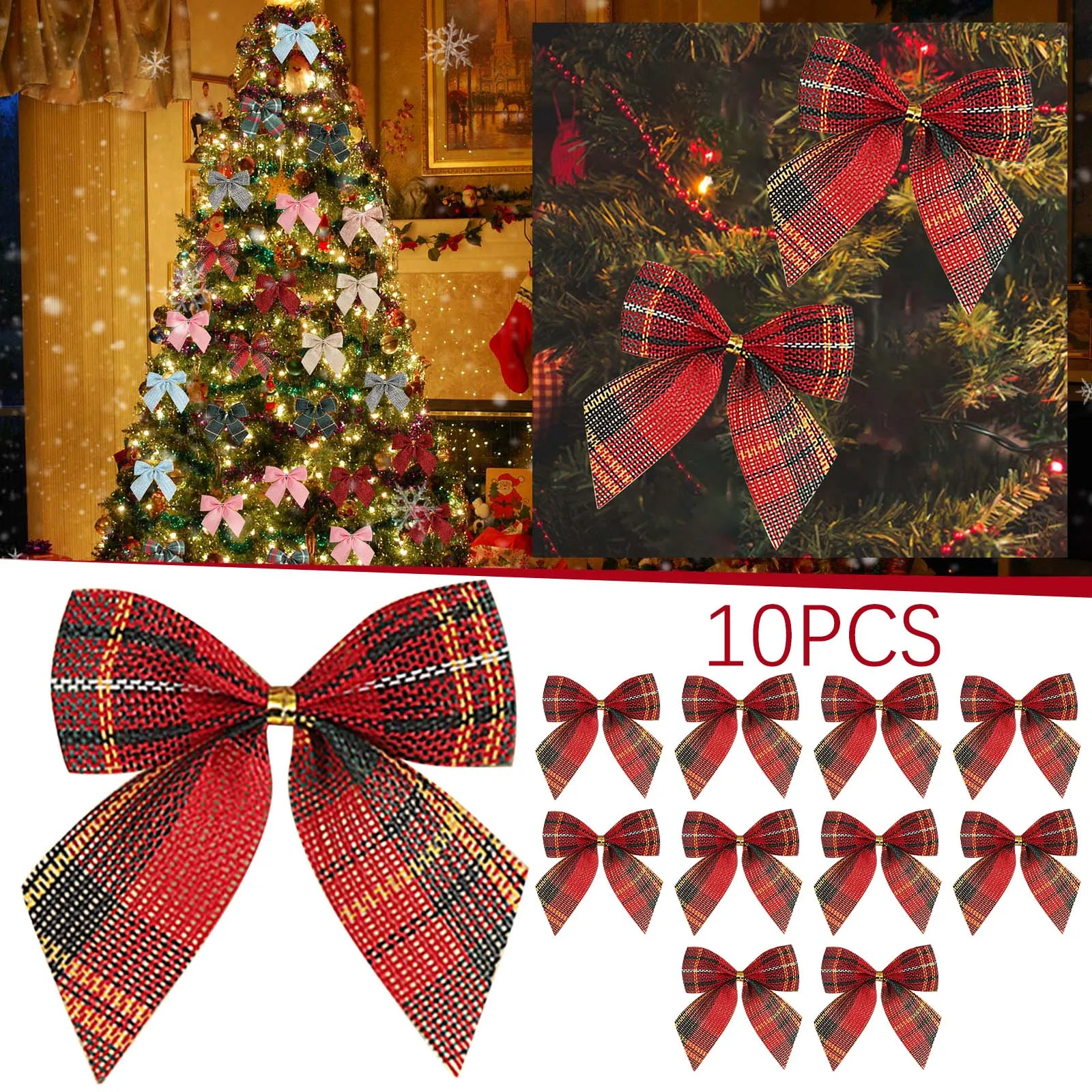 10pcs Christmas Bow Christmas Tree Wreath Decoration Home Black Red Grids Cloth Bowknot Xmas Tree Ornaments New Year Gifts Bow