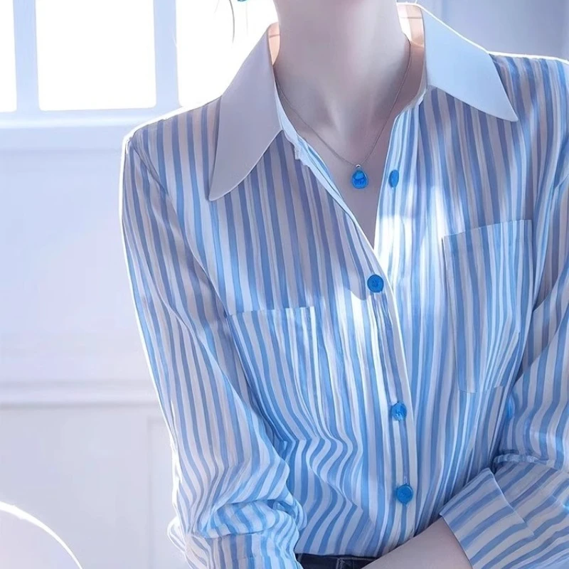 

Винтажные женские блузки, полосатые рубашки, модные свободные весенне-летние однотонные повседневные костюмы с длинными рукавами, корейские женские топы