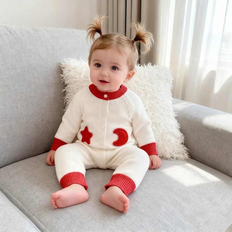 عيد الميلاد طقم قطعة واحدة للأطفال الخريف الرضع الحياكة بذلة الوليد الطفل نجوم والقمر البلوز رومبير الخريف سترة الموضة