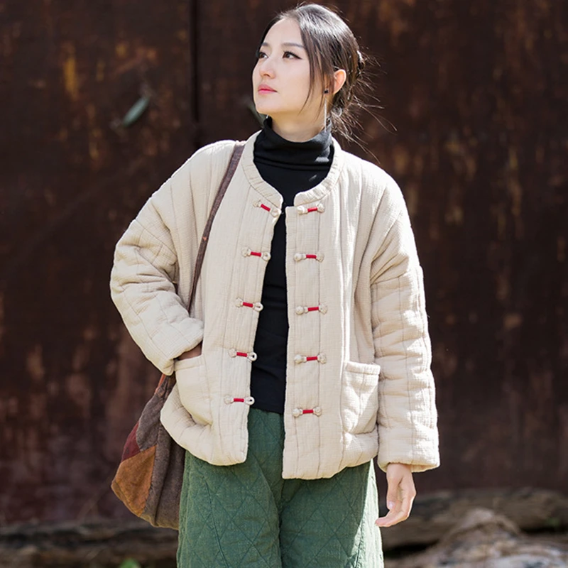 Chinese Style Women Thick Warm Quilted Coats New Arrival 2025 Winter Vintage Solid Color Female Cotton Linen Jackets M2098