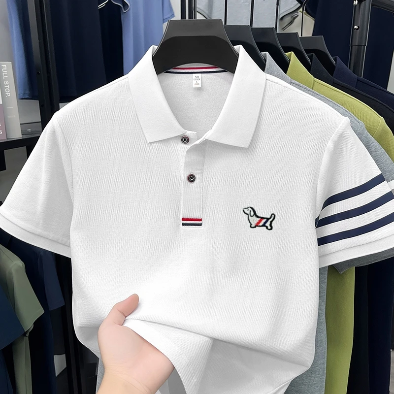 High end 100% cotton short sleeve polo shirt men luxury brand cute dog design Korean casual summer golf fashion striped T-shirt