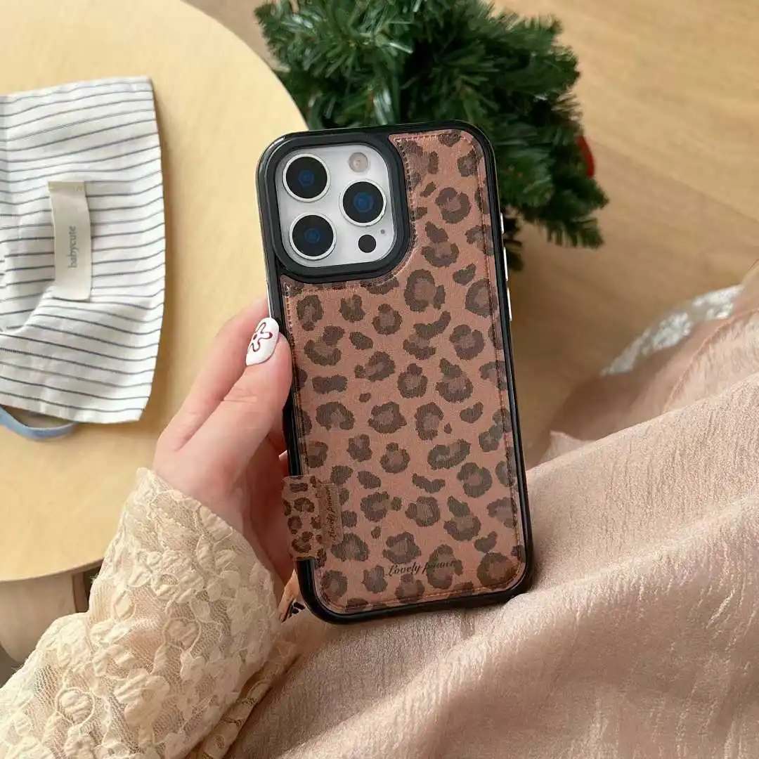 

Brown Leopard print skin Pattern Leather label Phone Case For iPhone 17 16 15 14 Pro Max 14 Plus Shockproof Bumper Cover