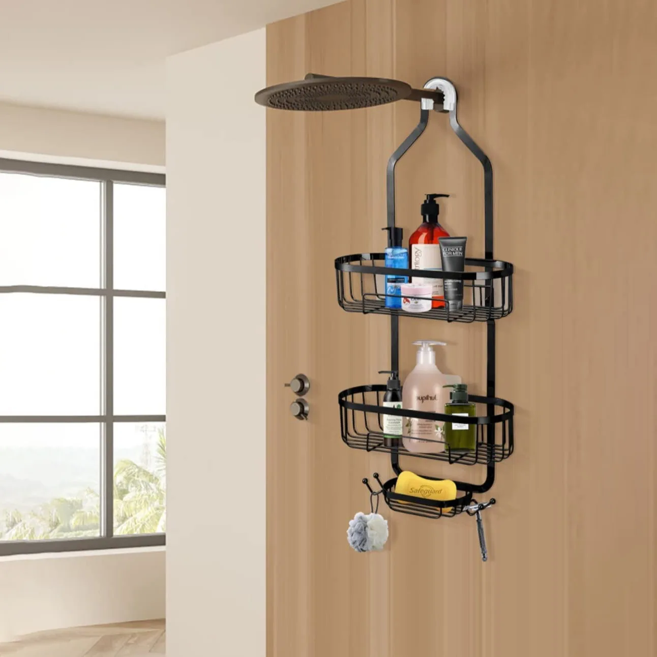 

Bathroom Hanging Shower Organizer, Over Head Shower Caddy Basket Anti-Swing,Detachable Bathroom Wall Mounted Shower Shelf