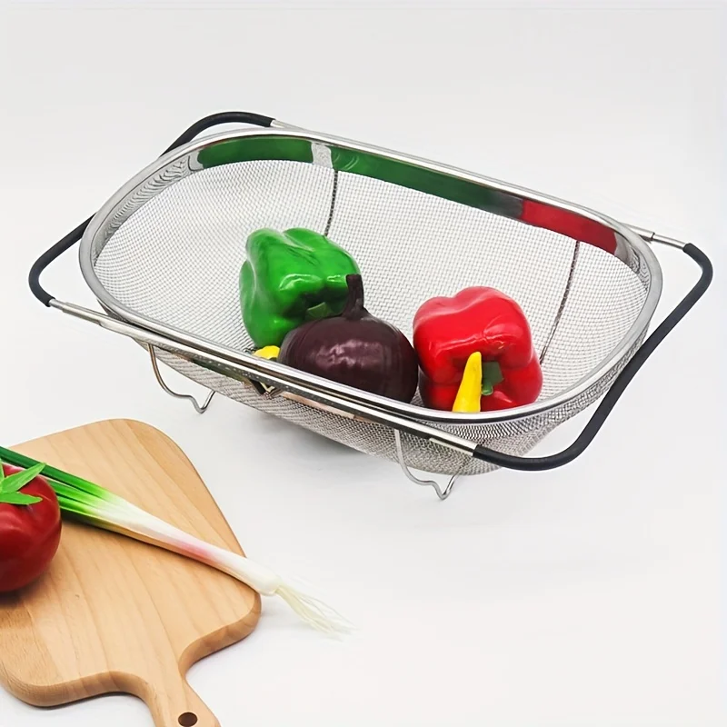 

Expandable Stainless Steel Shelf Basket for Washing Fruits and Vegetables, Rice Draining Tool - Multipurpose Kitchen Strainer