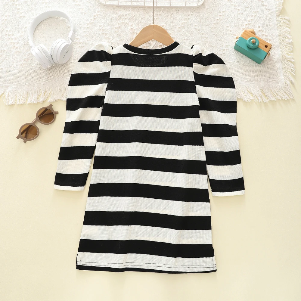New Girls' Dress Spring Fashion Striped Bubble Long Sleeved Knitted Slim Fit Dress Children's Clothes Girl Clothes