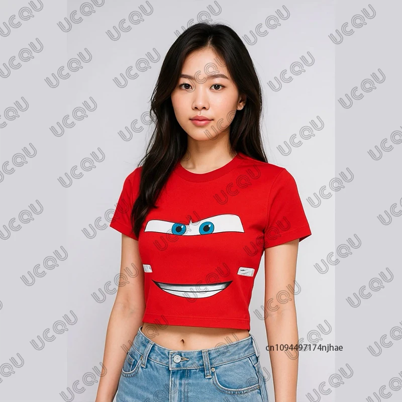 صيف جديد البرق ماكوين تي شيرت مطبوع للنساء كوريا Sle قصيرة الأكمام المحاصيل الأعلى الشارع الشهير تيز خمر بلايز Y2k عادية