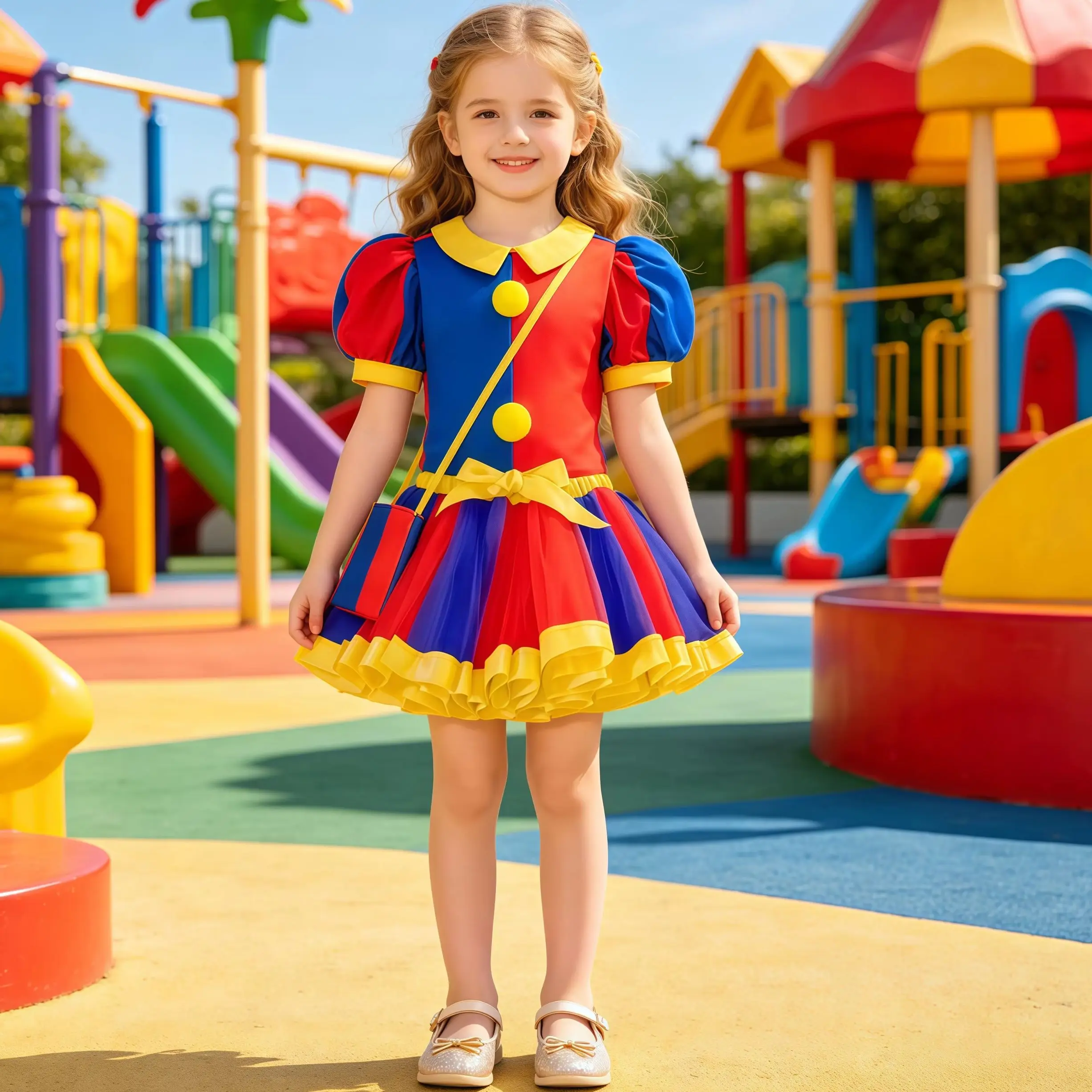 Circus Clown Kids Cosplay Costume Girls Puff Sleeve Top With Tutu Skirt Bag For Children Halloween Carnival Joker Fancy Dress Up