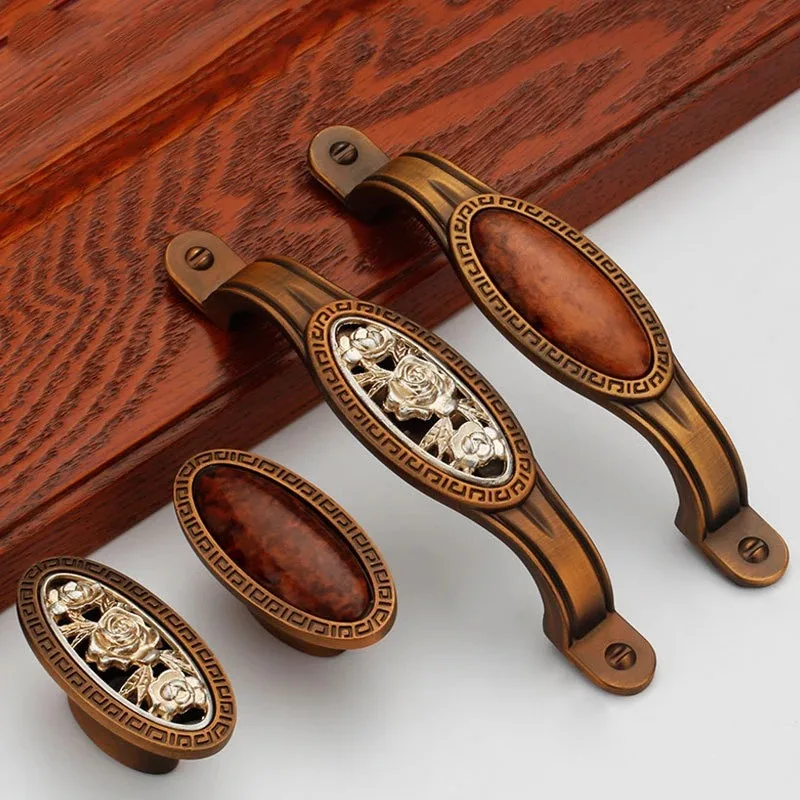Chinese Ceramic Matte Brown Decorative Furniture Jade Door Handle Drawer Wardrobe Flush Handles Ancient Silver Inlay Handle