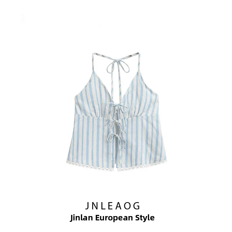 

Модный женский топ с полосками и цветовыми блоками на бретельках JNLEAOG, весенняя новинка, дышащий полиэстер, короткий рукав, V-образный вырез