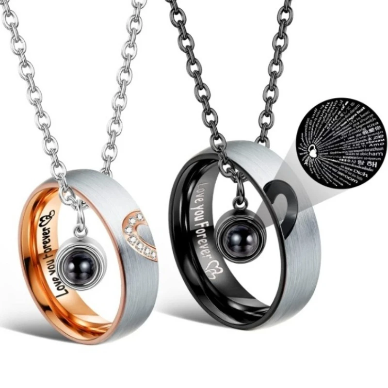 Couple Pendants Necklaces Titanium Steel Love 100 Language Projection Personality Versatile Fashion Jewelry Suitable Wedding