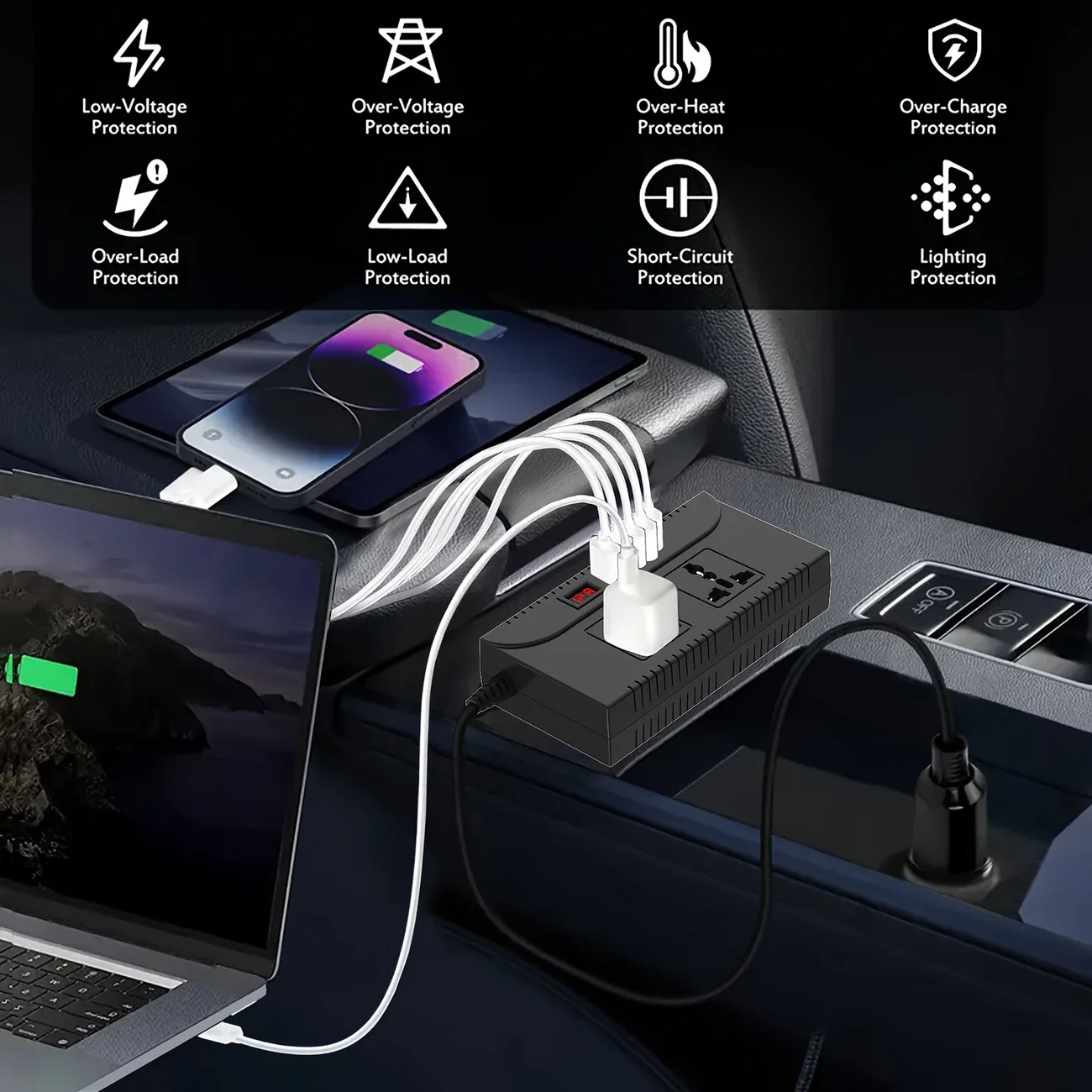 Powlsojx Car Power Inverter with 9 Outputs — QC3.0+Type-C Fast Charging Portable Car Charger for Road Trip Emergency 12V/24V