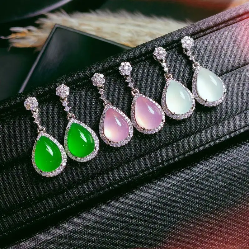 Chinese-style inlaid jadeite green chalcedony drop earrings, new Chinese-style pink chalcedony stud earrings, new Chinese-style