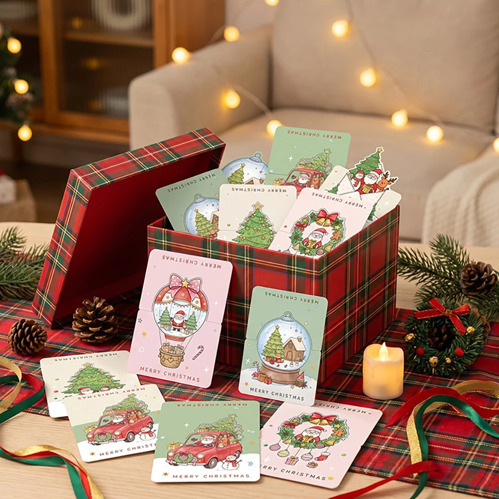 12 PCS Watercolor hand-painted Santa Claus, crystal ball, hot air balloon, greeting card, holiday gift, blessing card