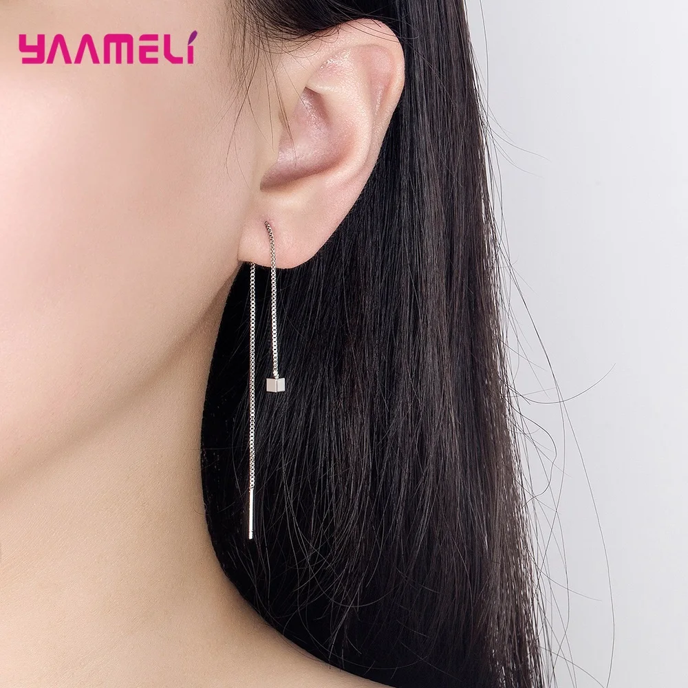 Solid 925 Sterling Silver New Fashion Women Jewelry Simple Geometric Long Box Chain Thread Earrings for Party Accessory