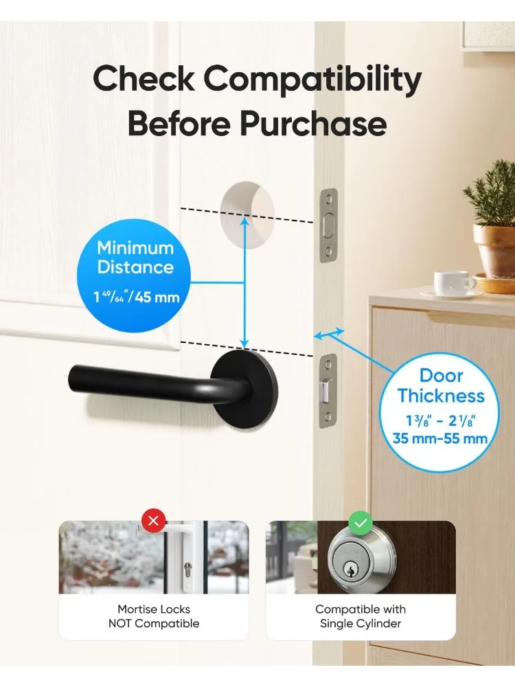 Serrure intelligente de sécurité C220, serrure de porte d'entrée sans clé à empreinte digitale, Wi-Fi intégré, télécommande d'application, serrure intelligente à pêne dormant pour porte d'entrée