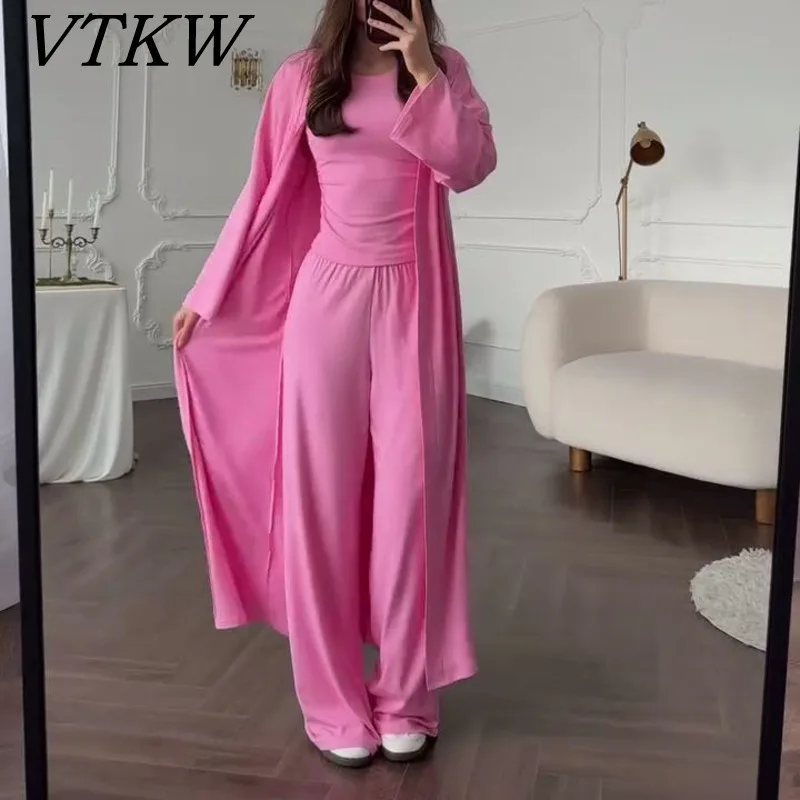 

VTKW Women’s Spring Summer Casual 3-Piece Set Round Neck Fitted Short Sleeve Top Stretchy Wide Leg Pants Versatile Fashion Set