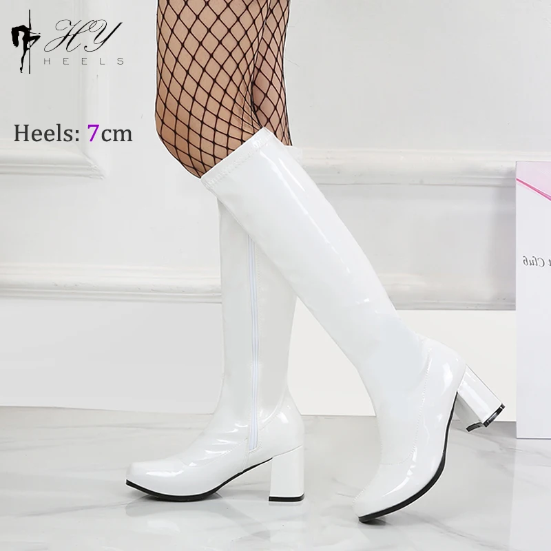 Nowe mody Chunky Heel 60s 70s GOGO buty kobiety kolana wysokie rozruchu Sexy Shining PU skórzane buty ue stylu zachodnim