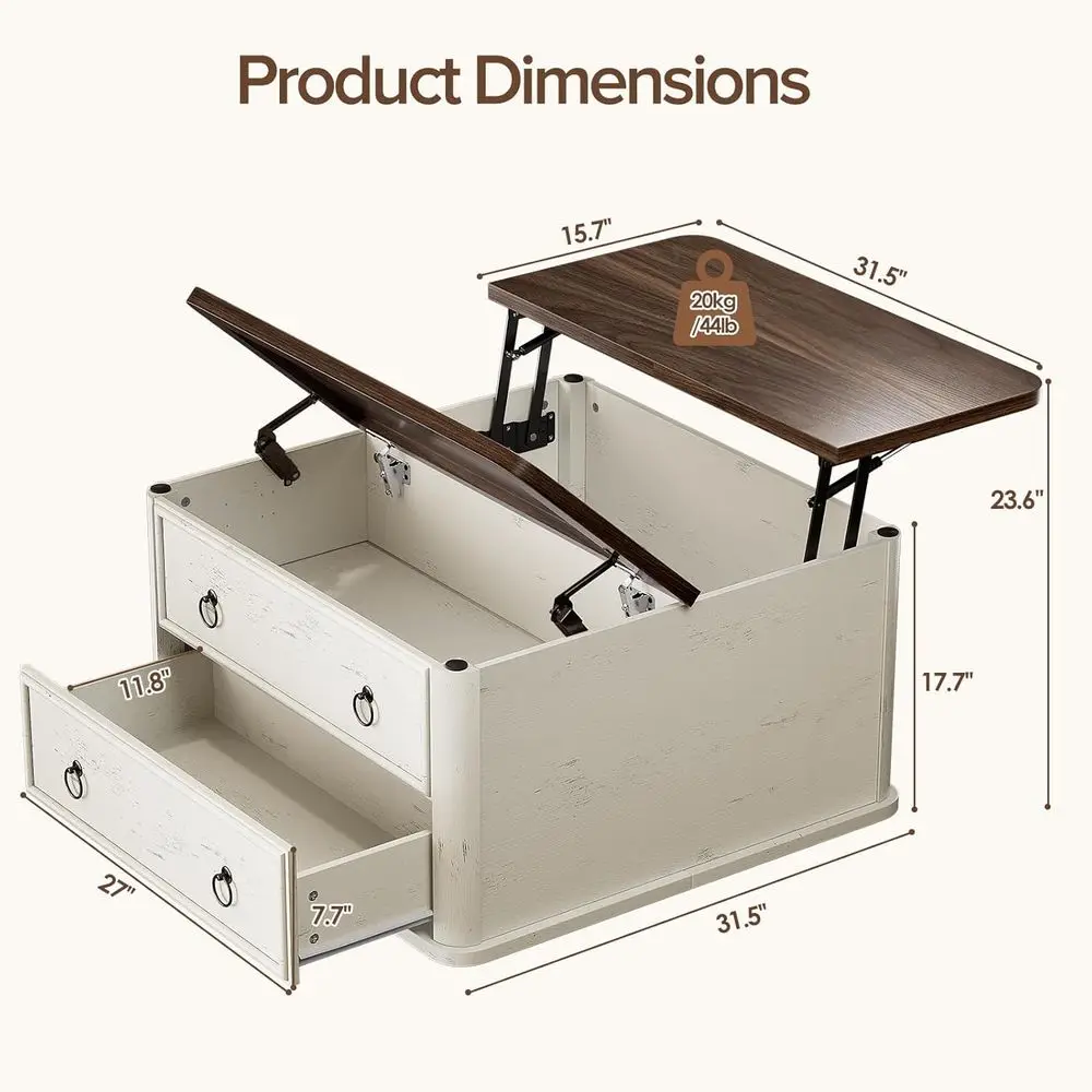 Farmhouse-Style Square Coffee Table with Lift Top, Storage Drawers, and Large Hidden Compartment, Rustic White & Walnut Finish