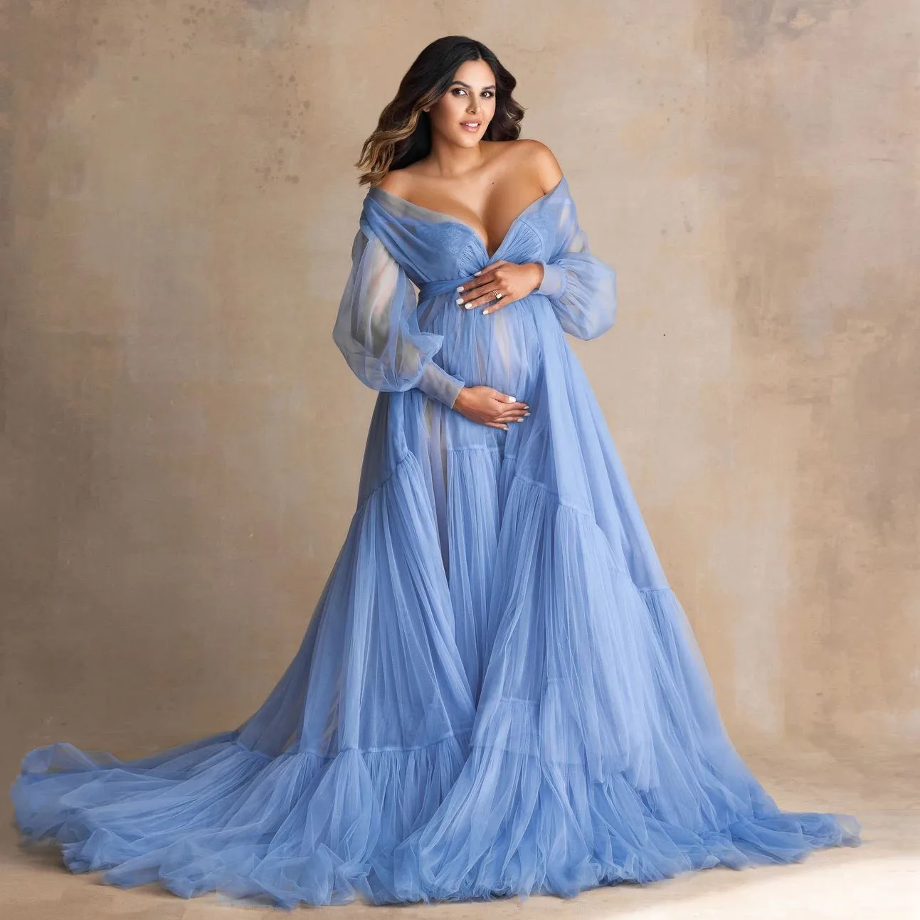 14498#Fluffy Blue Ruffle Tulle Maternity Dress for Photoshoot Off Shoulder Pregnancy Photography Maternity Gown Robes with Sash