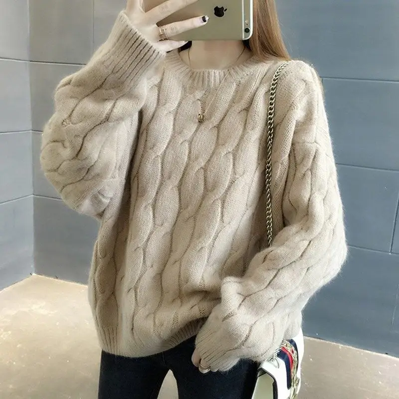 Fashion Loose Solid Color Long Sleeve Sweaters for Female All-match Simplicity Round Neck Knitted Pullovers Women\'s Clothing