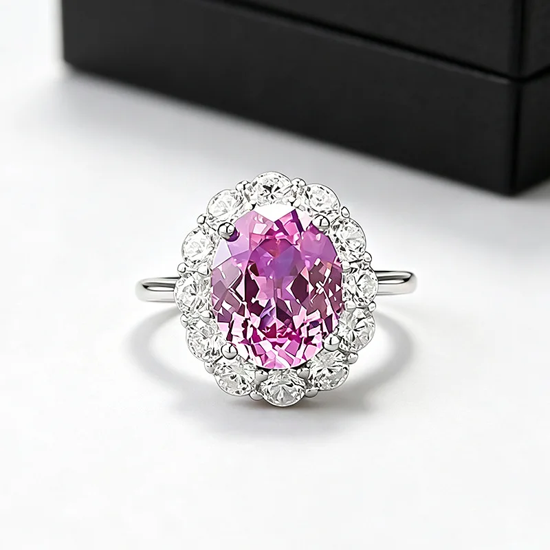 925 Sterling Silver White Gold Plated Adjustable Ring 8*10mm Oval Pink Purple Zircon Flower Halo Luxury Cocktail Women Jewelry