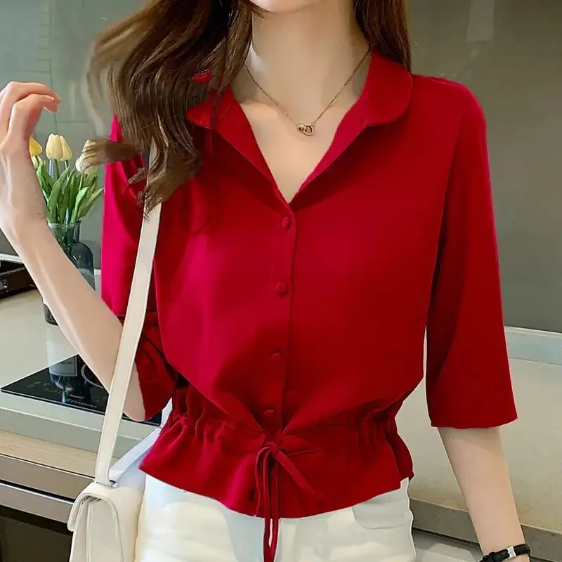 High Quality 2024 Summer Women Turn-down Collar Half Sleeve Chiffon Shirt Fashion Casual Shirring Single-breasted Blouses Female