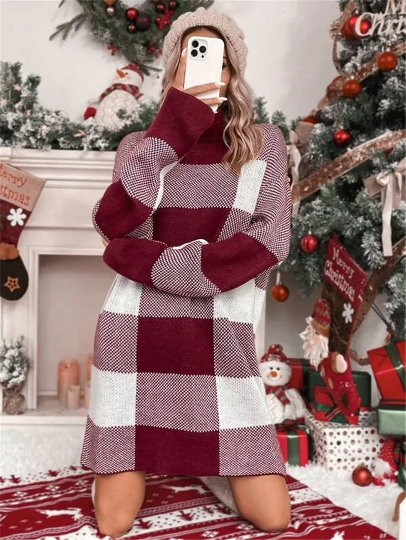 

European and American fashion women's autumn and winter new turtleneck loose slim check contrast sweater dress