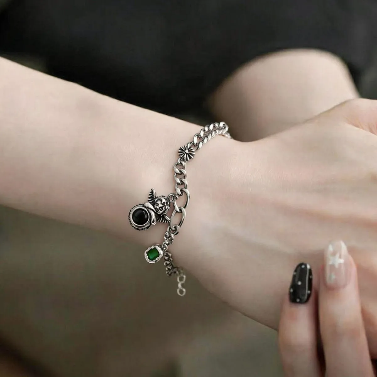 Black Zircon Angel Pendant Bracelet Retro Personality Niche High‑End Hip Hop Punk Versatile Cold Tone Jewelry for Women