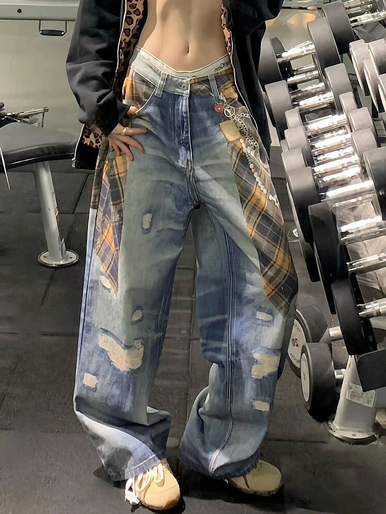 

American Style Spicy Girl Plaid Shirt Printed Denim Pants High Waist Vintage Trendy Personalized Floor-Length Trousers